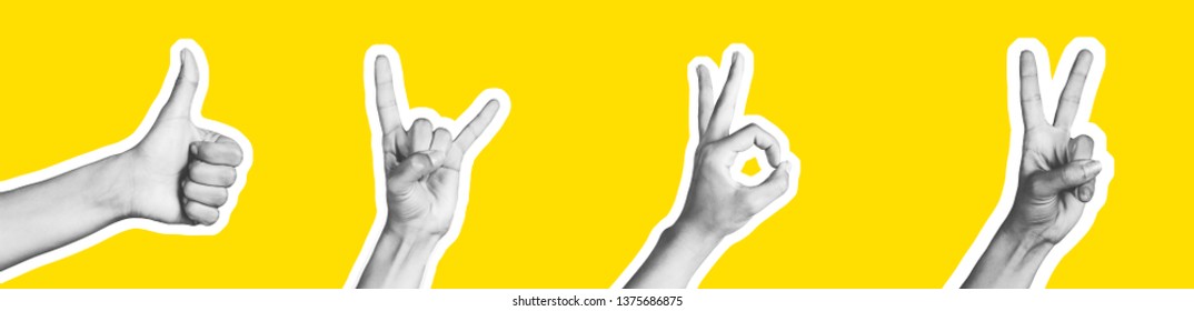  Woman's hand making a sign with fingers. Isolated image on a yellow background. Magazine collage image is black and white versions of finger symbols.