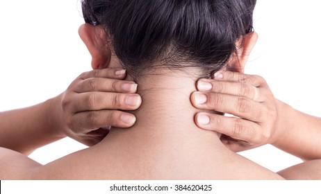 Woman's hand on her neck isolated on white background : Medical concept