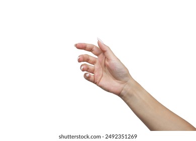 A woman's hand is open and holding something like a bottle. Gesture isolated on white background. The girl gives some object. Product presentation concept or mockup with copy space. Advertising