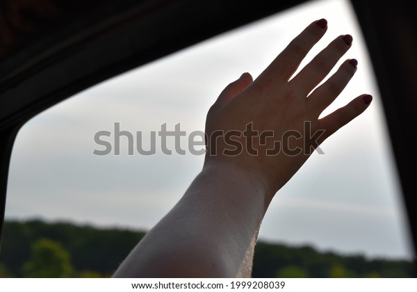 a woman\'s hand outstretched into a car window on a\
summer day