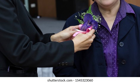 The Woman's Hand Is Place The Ribbon On The Suit Of The VIP Guess With Blurred Background, In Concept Of Warm Welcome, Meeting, Main Speaker.