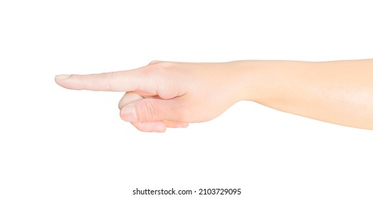 Woman's hand pointing finger, pressing button or touching object with finger isolated on white background