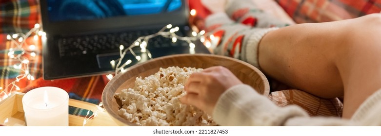 Woman's Hand Popcorn And Watching The Movie 