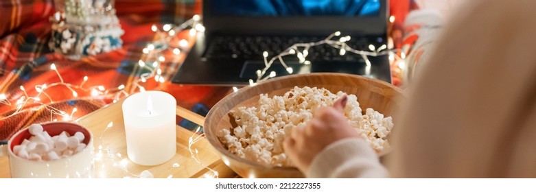 Woman's Hand Popcorn And Watching The Movie 