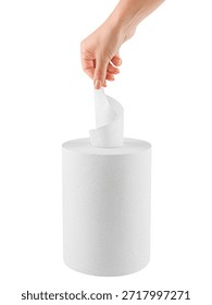A woman's hand pulls a sheet from a roll of white paper towel. Isolate on a white background. Vertical photo.