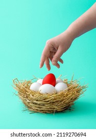 Woman's Hand Reaching For A Red Easter Egg On A Green-mint Background. Red And White Chicken Eggs In A Nest Made From Straws On A Green Table.