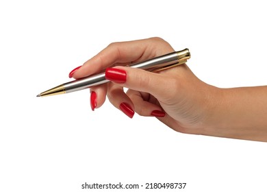 A Woman's Hand With A Red Manicure Holding A Metal Writing Pen. Isolated On A White Background.