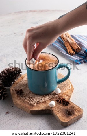 Woman's hand releasing one by one the mash mellows on the foam of a hot drink of cinnamon and cocoa