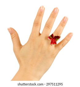 Woman's hand with a ring in the form of leaf