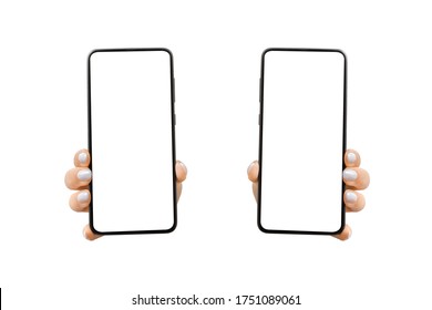 Woman's hand shows mobile smartphone with white screen in vertical position. Mock up mobile. isolated on white background. left and right options
