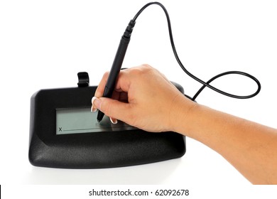 A Woman's Hand Signing An Electronic Signature Pad.  Isolated On White.