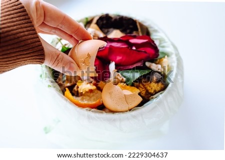 woman's hand throws an eggshell into bucket of food waste. Sorting garbage, food waste, organic waste, recycling, composting to improve soil fertility [[stock_photo]] © 