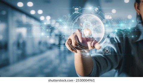 A woman's hand touching padlocks with data protection, user's personal data information security, user privacy security and encryption, biometric identification, and cybersecurity protection concept. - Powered by Shutterstock - Get 15% off with code: PIKWIZARD15