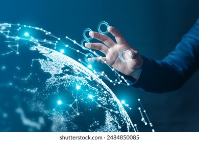 Woman's Hand Touching Virtual Screen with Globe Display Cross-Regional Big Data Connectivity and AI Technology for Secure Data Access with Fingerprint Authentication