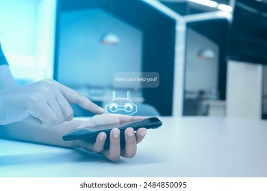 Woman's Hand Touching Virtual Screen on Computer Accessing AI Assistance for Future Work, Data Processing, and AI-Human Collaboration