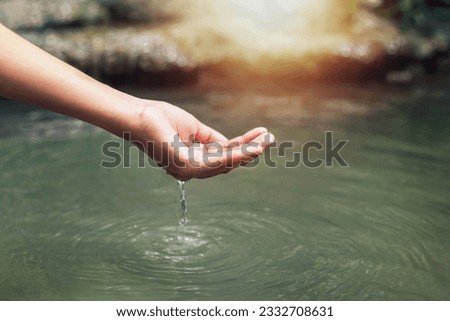 Woman's hand touching water in the midst of nature