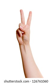 Woman's Hand With Two Fingers Up Isolated On White Background