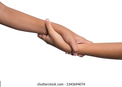 Womans Hands Clasped Arm Wrestling, Isolated On White