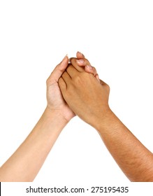 Womans Hands Clasped Arm Wrestling, Isolated On White