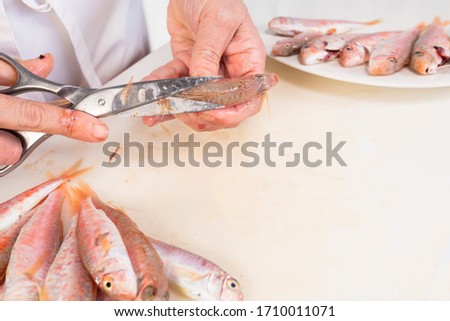 woman's hands cleaning a red mullet on a cutting board