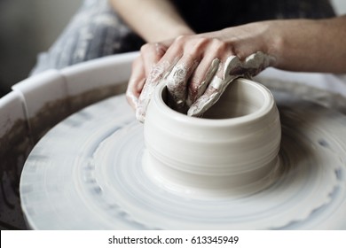 The Woman's Hands Close Up, The Masterful Studio Of Ceramics Works With Clay On A Potter's Wheel