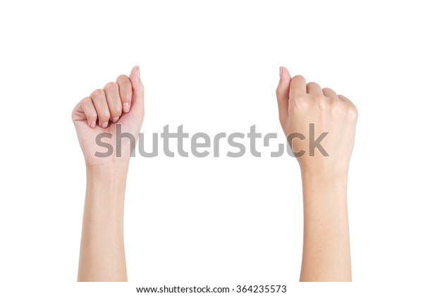 女性的雙手與拳頭手勢正面和背面 在白色背景上隔離 庫存照片 立刻編輯