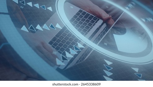 Woman's hands holding smartphone and tapping laptop keyboard at wooden work desk, with data overlay. Technology, productivity, digital, innovation, communication, modern, professional