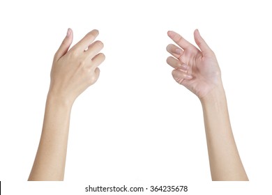 Woman's hands holding something empty front and back side, isolated on white background.