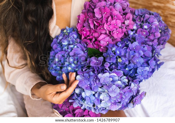 Womans Hands Huge Violet Pink Hudrongea People Interiors Stock