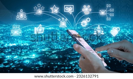 Woman's hands with smartphone and social networking icons on background of night city. Concept of global mobile communication and social networks