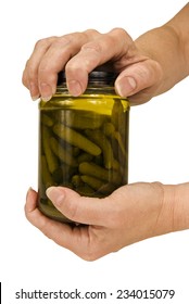 Woman's Hands Trying To Open Jar On White Background