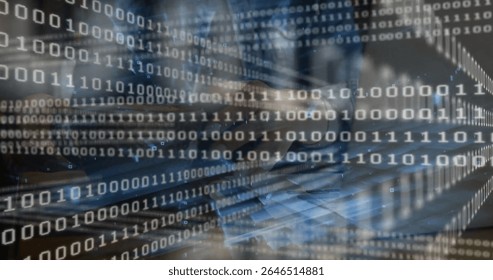 Woman's hands typing code on laptop keyboard at desk, with long sleeve shirt and binary overlay. Technology, programming, digital, innovation, data, software, workspace