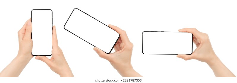 Woman's hands using smartphone with blank screen, isolated - Shutterstock ID 2321787353