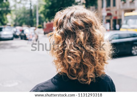 Similar – Image, Stock Photo Unrecognizable curly haired woman admiring mountains