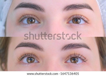 Woman's lashes after and before beauty procedure of eyelash lifting and laminating in beauty clinic, eyes closeup. Young woman in cosmetology clinic with open eyes. Lift of lash and eyelash.