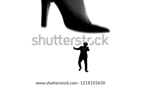 Womans leg in high heels stepping on small weak man, female dominating in couple