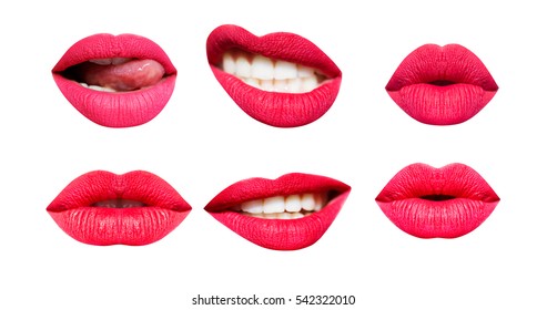 Woman's lip set. Girl mouth close up with red lipstick makeup expressing different emotions. Mouth with teeth, smile, tongue isolated on white background. Collection in different expressions