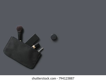 Woman's Makeup Products In Black Zipper Pouch