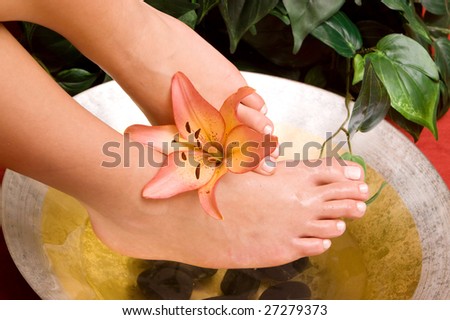 Woman's pedicured feet in a bowl of water