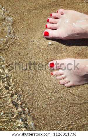 Woman's pedicured feet with red nail polish on toes in the sand in water. Bare feet standing on sand at beach, hello summer welcome vacation concept, from top to toes picture with space
