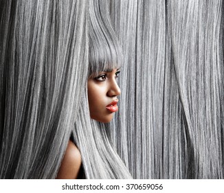 Woman's Profile In Trendy Grey Hair Background