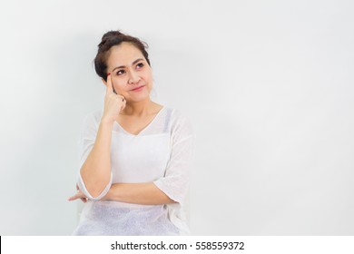 Woman's Thinking Of / Memorize Of Something And Smile On White Background