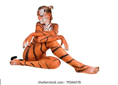 woman-tiger posing on white background