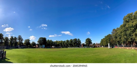 Wombourne, England, UK-September, 20, 2021: Panoramic View Of The Cricket Field, Wombourne. Selective Focus 