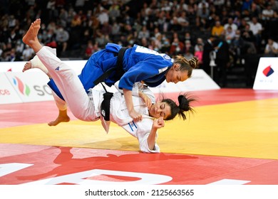 Women -52 kg, Anastasia POLIKARPOVA of Russia (blue) throws Gefen PRIMO of Israel (Uchi Mata) during the Paris Grand Slam 2021, Judo event on October 16, 2021 at AccorHotels Arena in Paris, France.