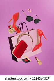 Women accesories shopping on pink background