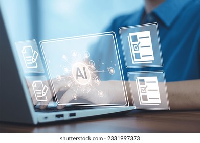 Women AI, artificial intelligence in modern medical technology and IOT automation. Woman using AI document management concept.	