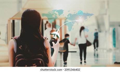 Women in the airport, Show a virtual map, metaverse concept, Use your smartphone to check flights, plan travel, in international airports, book flights through applications. travel concept.