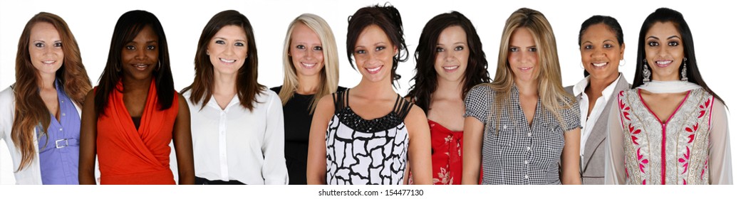 Women of all different races together on a white background