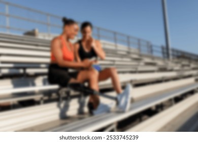 Women athletes resting and looking at a phone by the stadium. Athlete woman with prosthetic leg sit with friend looking at phone by the stadium. Amputee woman with prosthetic leg sit with friend - Powered by Shutterstock